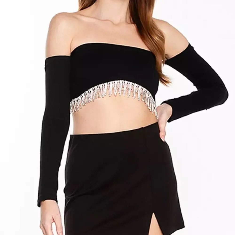 Zara Elegant Black Crop Top with Silver Accents